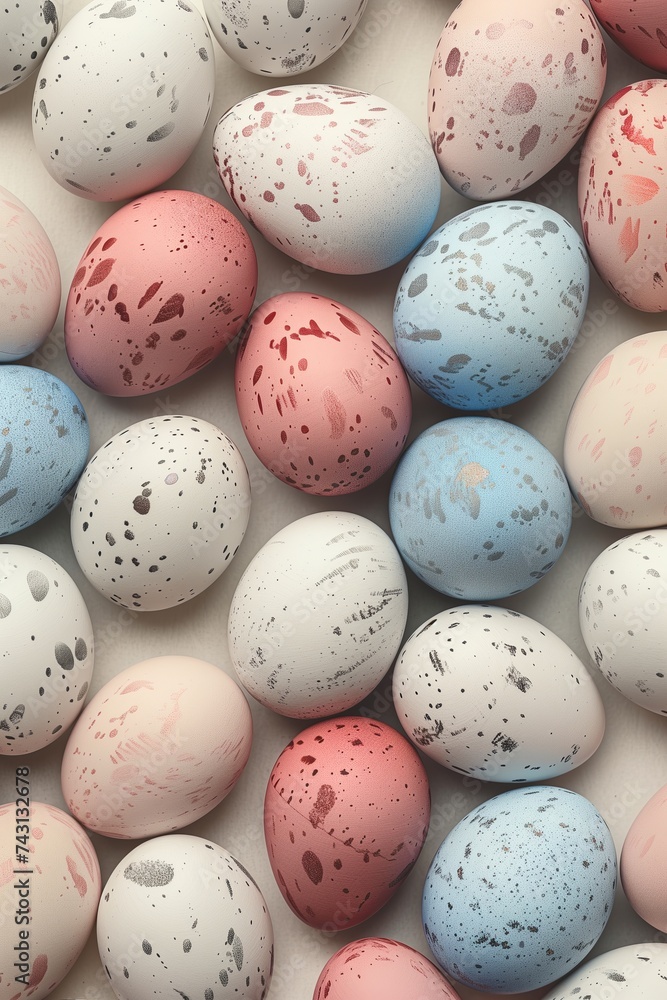 Many painted Easter eggs on a plain, smooth beige background. For design layout of invitation, cards, menu, flyer, poster, voucher.