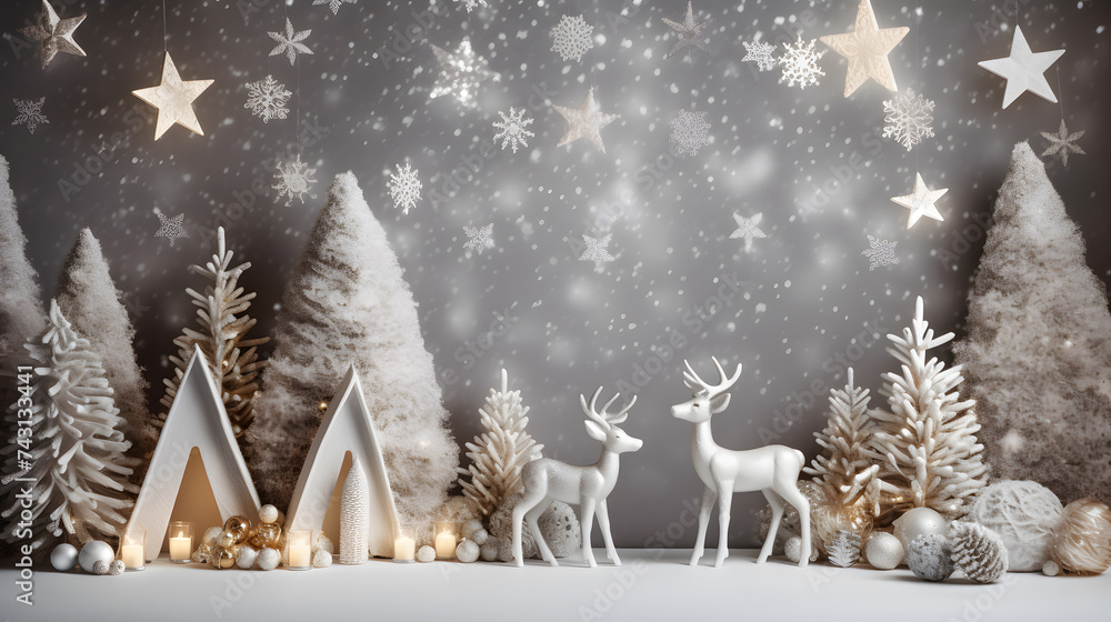 Christmas decorations fir trees and a deer, generative ai Christmas decorations fir trees and a deer, generative ai