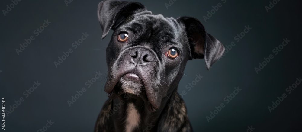 A comical dog poses for a studio portrait, showcasing its funny expressions and personality in black and white.