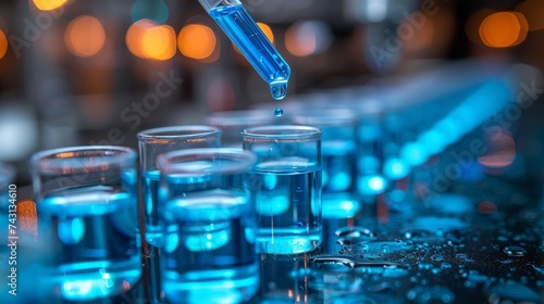Blue Chemical Solution Being Pipetted into Test Tubes
