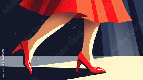 Retro illustration of a woman in a red dress. Close-up of feet with shoes