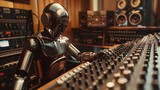 Chrome robot fine-tuning music equipment in a studio setting