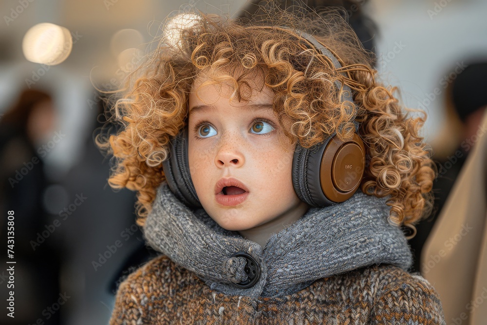 An Adorable Toddler with Curly Blonde Hair Experiences the Joy of Sound Through Oversized Headphones, Generative AI An Adorable Toddler with Curly Blonde Hair Experiences the Joy of Sound Through Oversized Headphones, Generative AI
