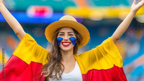 Cheering spanish woman with face paint at sports event, stadium background with text space