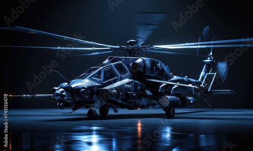 An armored helicopter in the night