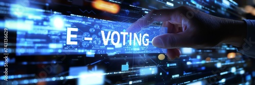 E voting concept with shining text over dark blue background, holograms and copy space photo