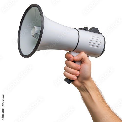 Close-up of a white megaphone held in hand, isolated on a white or transparent background. The megaphone is directed sideways. Concept of advertising campaign, loud message, grabbing attention.
