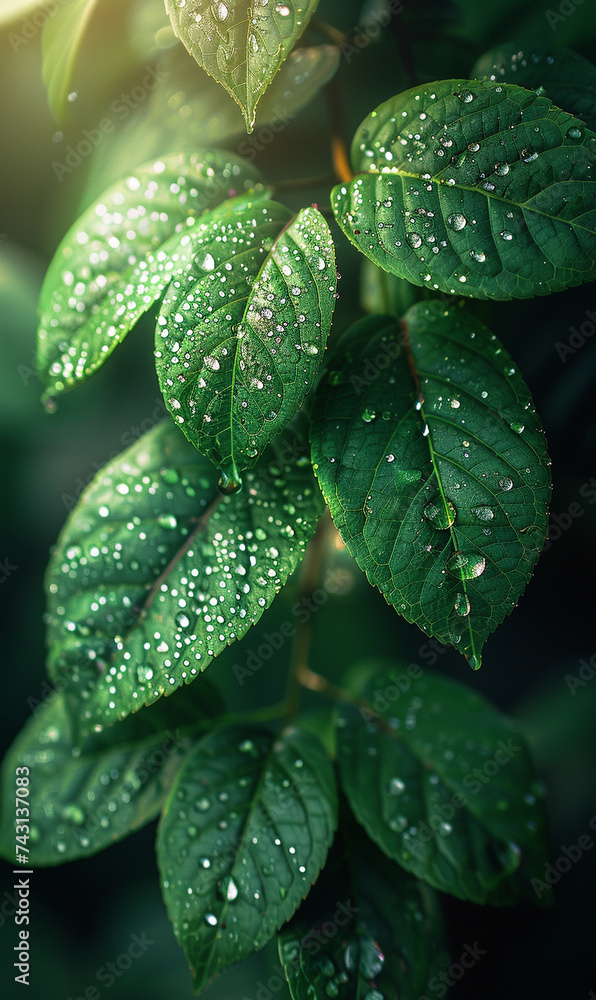 Dew-covered leaves in a futuristic forest Dew-covered leaves in a futuristic forest