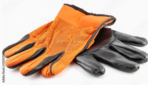 new nylon orange work gloves with a black latex coating lying next to each other with the working side down isolated on white background photo