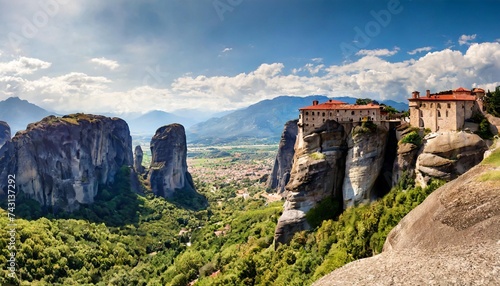 meteora monasteries unique panoramic view on the roussanou monastery placed on the edge of high rock the meteora area is on unesco world heritage greece photo