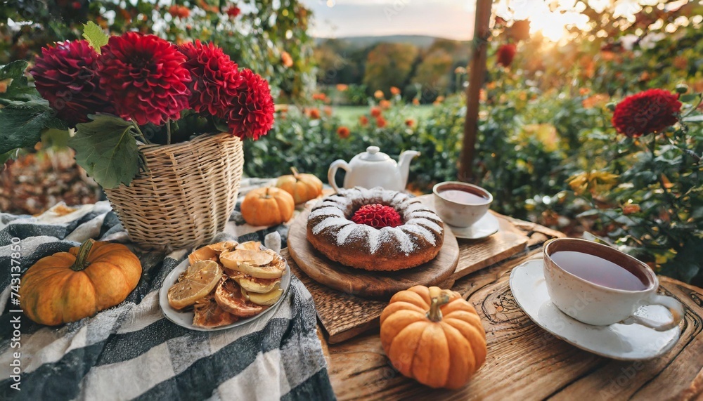 tea setting with handmade pie beautiful view of garden wooden furniture with basket soft blanket and burning candles outdoors fall family party cozy autumn interior pumpkins red dahlia