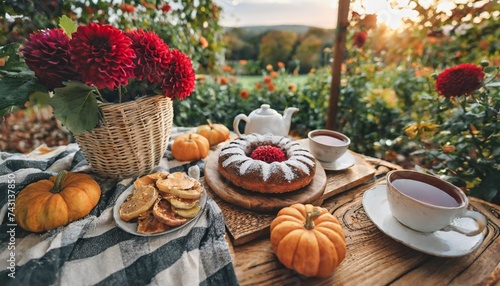 tea setting with handmade pie beautiful view of garden wooden furniture with basket soft blanket and burning candles outdoors fall family party cozy autumn interior pumpkins red dahlia