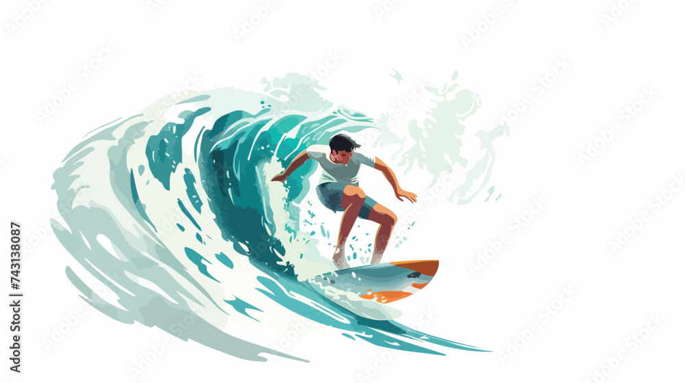 Man surfing in wave cartoon flat vector illustrationt - obrazy, fototapety, plakaty 