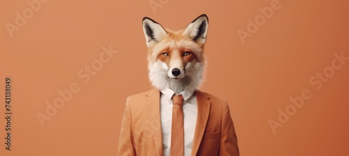 Anthropomorphic fox in business suit pretends to work in corporate studio with copy space for text.