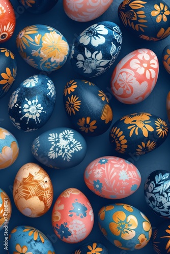 Many painted Easter eggs on a plain, smooth dark blue background. For design layout of invitation, cards, menu, flyer, poster, voucher.