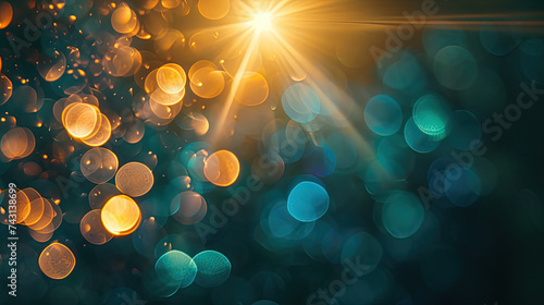 abstract bokeh background with orange particles and light rays from above. SAnd a blue burred particles . photo