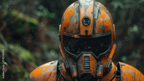 Robot in the post-apocalyptic universe, a damaged and rusty armor, in dark and orange metal style.