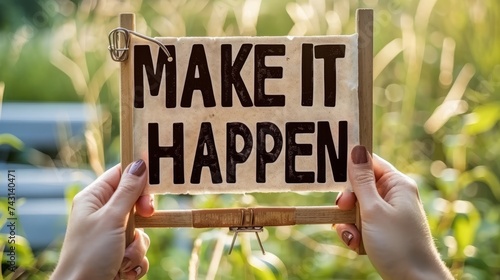 Motivational woman holding make it happen sign, success concept on abstract blurred background