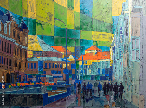 Geometric painting yellow, red, blue, grey, green, violet colors. Kyiv, Ukraine. Abstract View on the city. Ukrainian architecture, acrylic on canvas painting created by artist. 