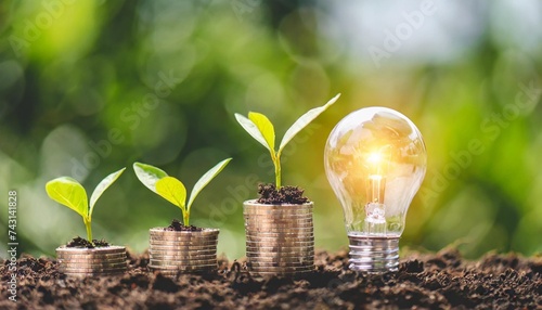 the light bulb sits on the ground plants grow on stacked coins renewable energy production is essential for the future green businesses using renewable energy can limit climate change photo