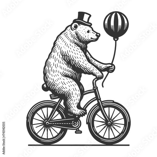 circus bear rides bicycle sketch engraving generative ai fictional character vector illustration. Scratch board imitation. Black and white image.