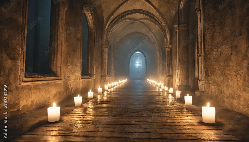 3d render of an old dark misty hallway lit with candles