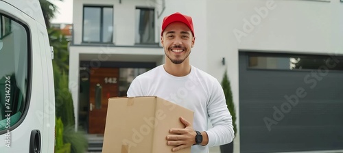 Courier delivery man in red cap and uniform delivering package from van truck to customer home. © Andrei
