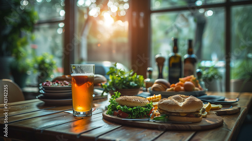 Wooden tableware with a classic meal hamburger  fries  and beer