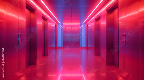 Urban loft features cutting-edge elevator doors for seamless access in neon light