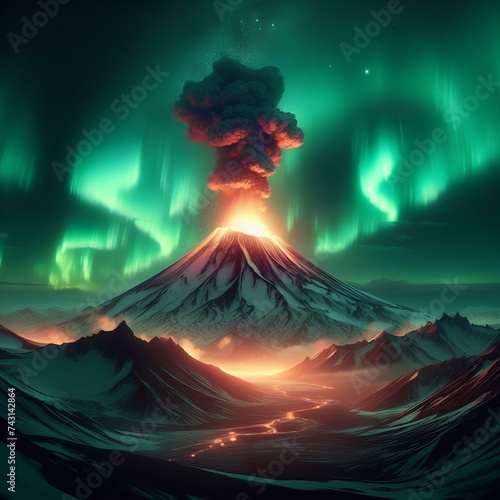view of an erupting volcano with northern lights in the sky