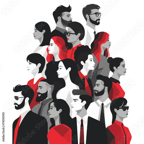 Diversity of people. DEIB diversity equity inclusion belonging conceptual. Generative ai fictional character vector illustration. Minimalistic flat black red white image.