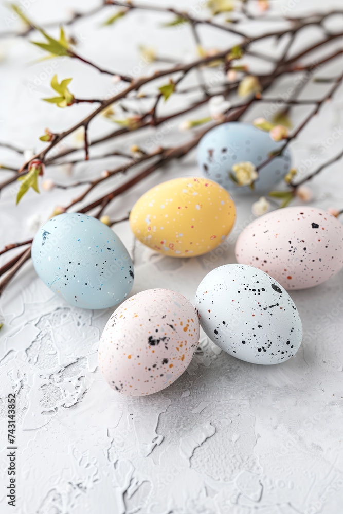 Poster and banner template with decorated eggs on a plain grey concrete background with a blooming spring twig. Festive egg hunt. Layout design for invitation, card, menu, flyer, banner, poster.