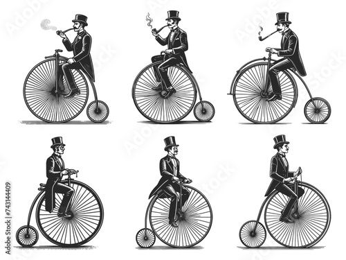 Set of old fashioned gentlemen rides high wheel vintage penny farthing bicycle sketch engraving generative ai fictional character vector illustration. Black and white image.