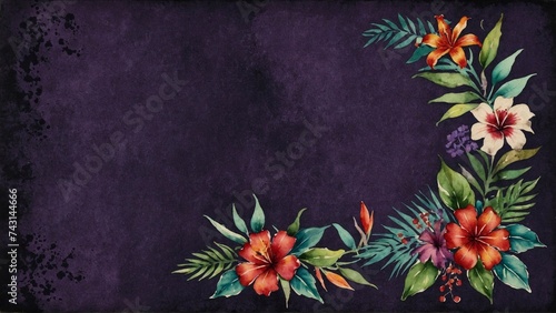 vintage purple background with tropical flowers frame