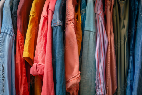 Open closet with unorganized random colorful hanging clothes. Generative AI © barmaleeva