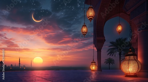 Ramadan Kareem background with arabic lanterns and moon photo