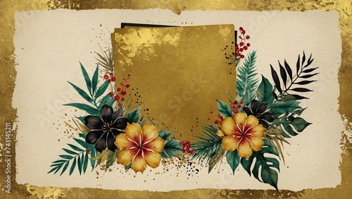 card with golden paper and waterclor tropical flowers background
