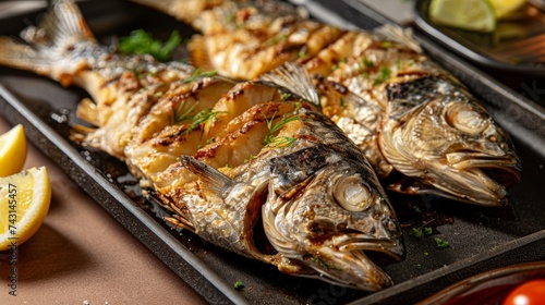 Grilled fish on a black plate with lemon garnish, perfect for food and culinary themes.