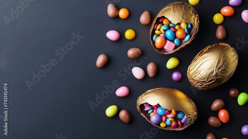 Chocolate Easter eggs wrapped in golden foil, filled with colorful candies on a dark background, great for confectionery and holiday themes. © mashimara