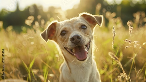 Close-up of a smiling dog with bright eyes, representing companionship, joy, and pet adoption themes.