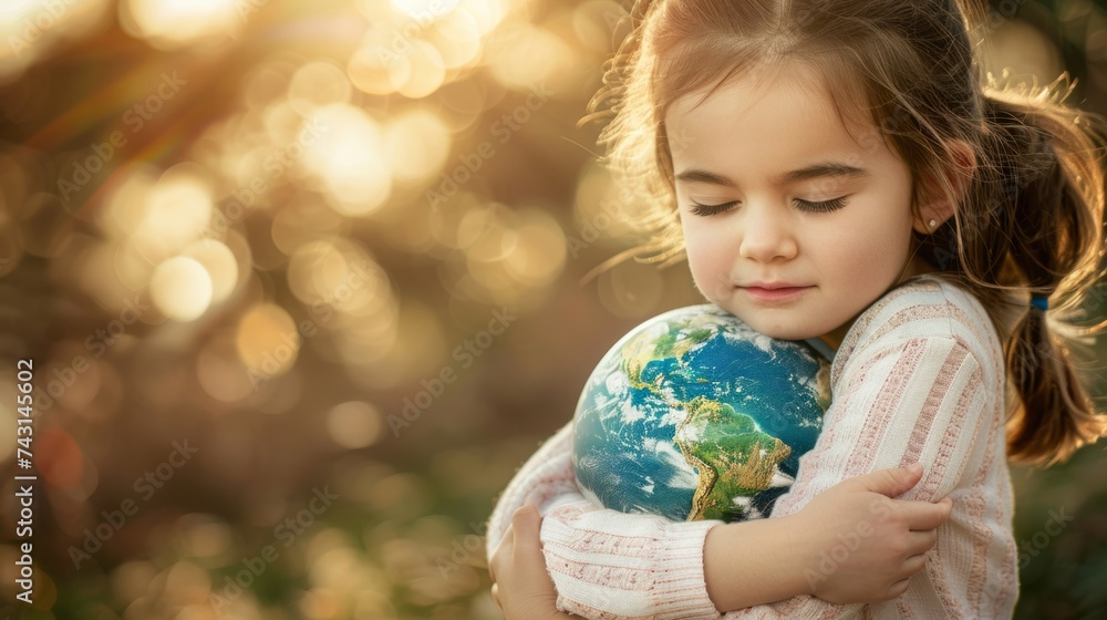 Naklejka premium tender moment when a girl hugs a planet earth generative ai