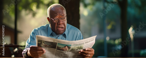 A senior man reads a newspaper in the park, bathed in morning light, offering a glimpse into tranquil daily life and the simple pleasure of staying informed.
