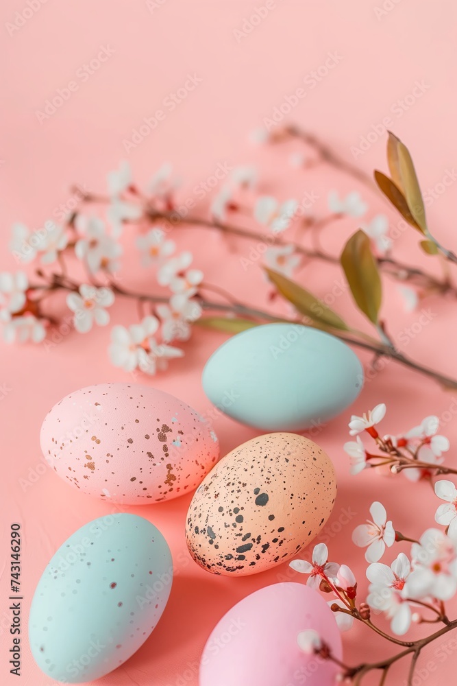 Poster and banner template with decorated eggs on a plain concrete background with a blooming spring twig. Festive egg hunt. Layout design for invitation, card, menu, flyer, banner, poster, peach fuzz