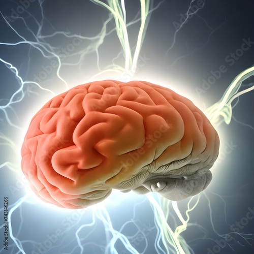 Human brain with thunderstorm lightning in background, representing mental electricity 3D illustration.