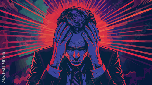 Businessman in despair holds his head in his hands. Generative ai fictional character vector illustration. Pop art comic book style imitation.  photo