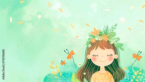 A happy little girl with a flower crown on a green background for the World Mental Health Day concept.