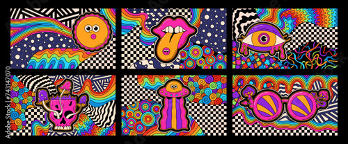 Stoner trippy color posters. Groovy hippie style.
