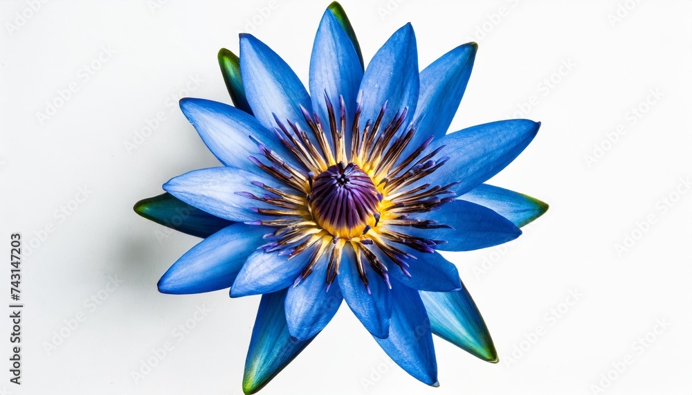 flower head blue lily isolated on white background flat lay top view