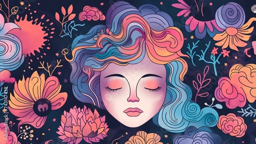 A woman closing her eyes with flowers surrounded on a dark background on concepts for dreams and Mental Health.