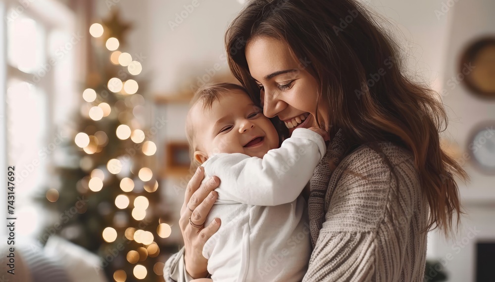 Mother with her newborn baby at home on blurred background, copy space for text placeme Mother with her newborn baby at home on blurred background, copy space for text placeme